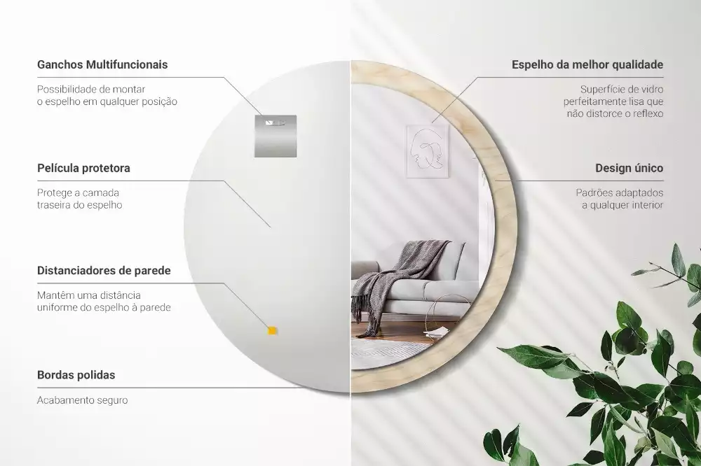 Rund spegel med tryckt ram Lätt trä