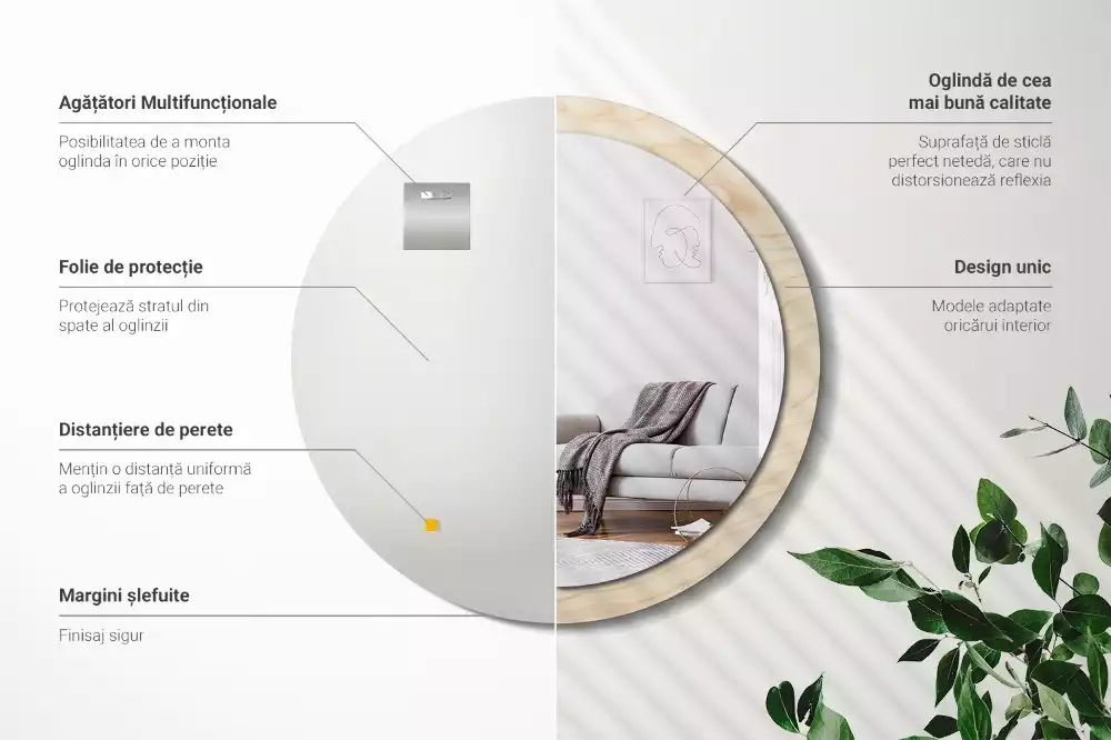 Rund spegel med tryckt ram Lätt trä