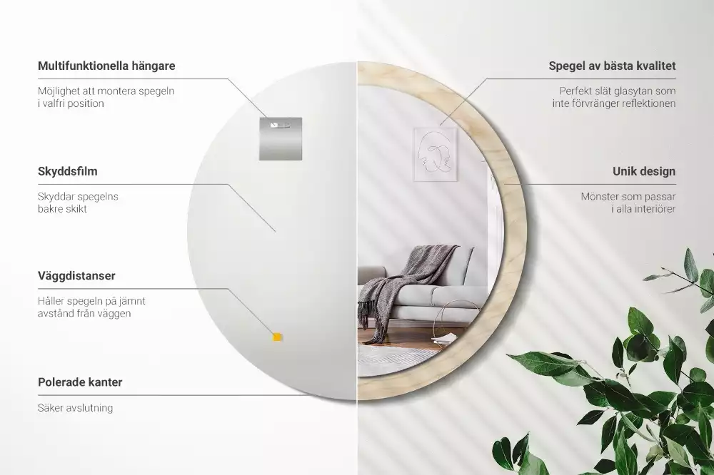 Rund spegel med tryckt ram Lätt trä