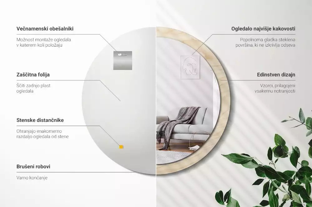 Rund spegel med tryckt ram Lätt trä