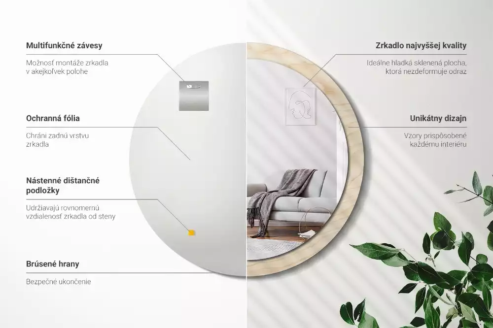 Rund spegel med tryckt ram Lätt trä