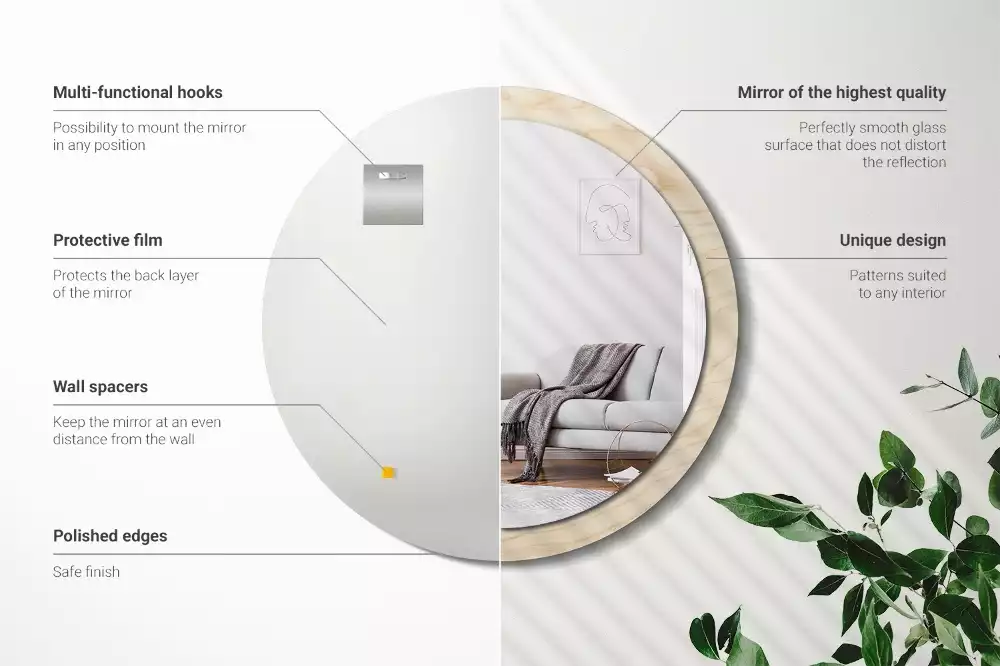 Rund spegel med tryckt ram Lätt trä