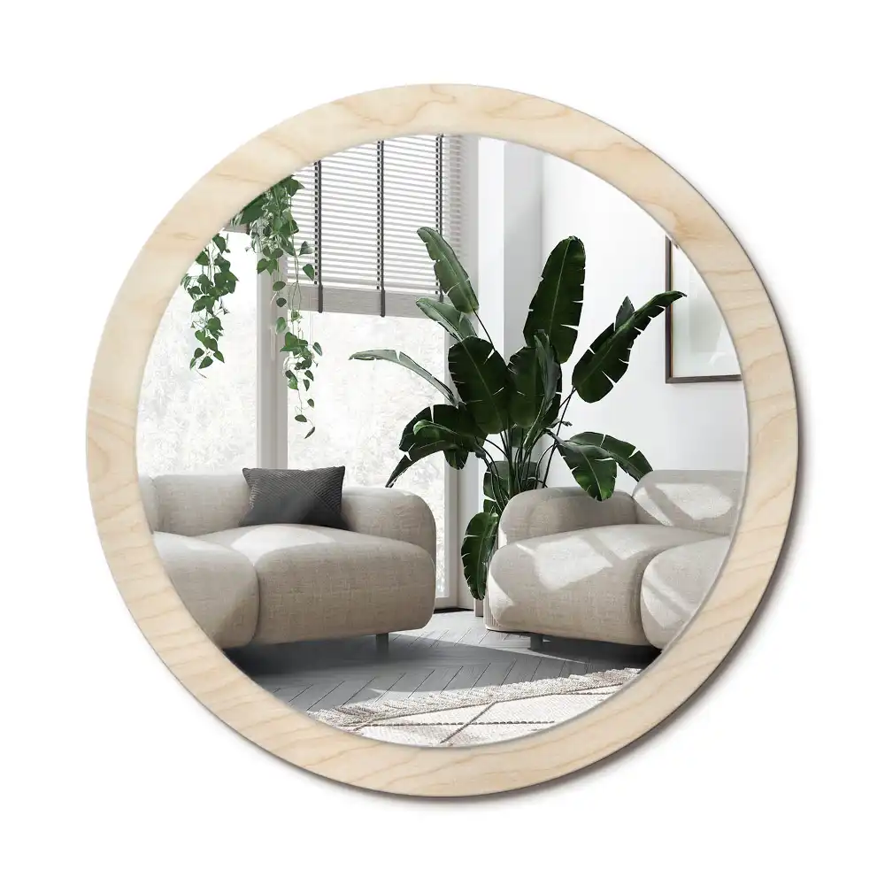Rund spegel med tryckt ram Lätt trä