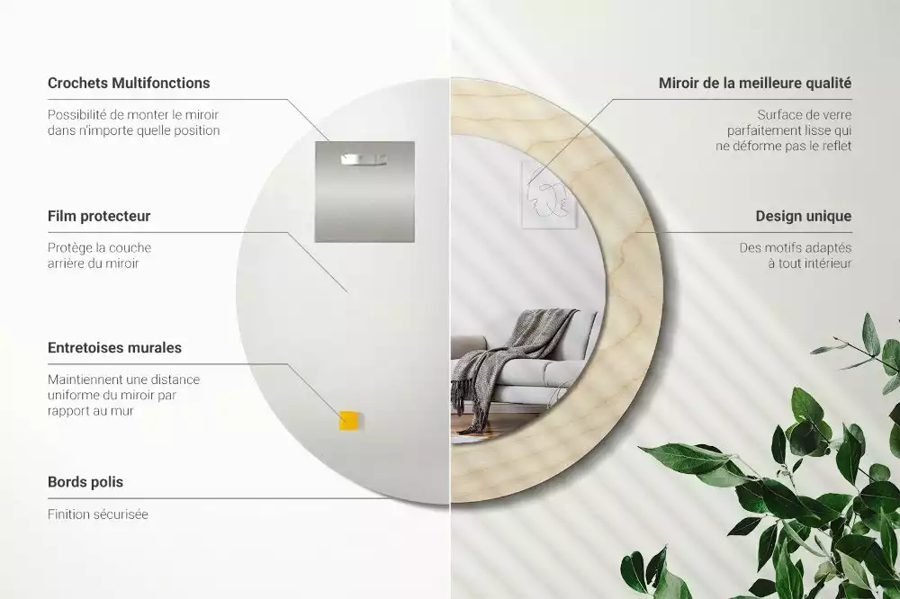 Rund spegel med tryckt ram Lätt trä