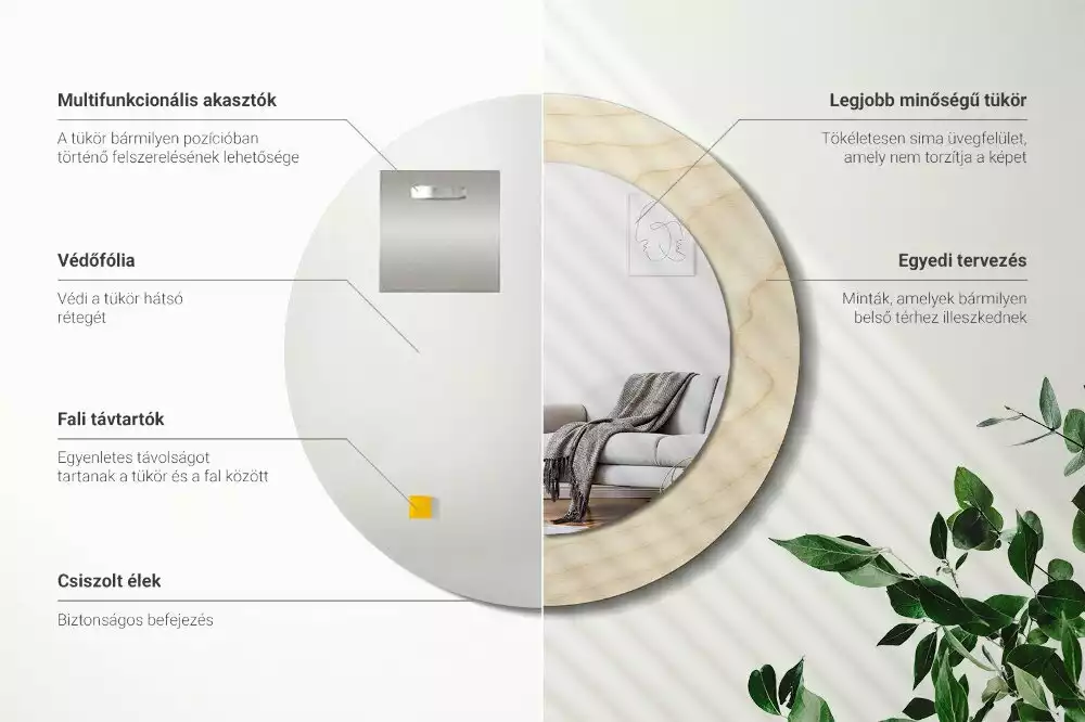 Rund spegel med tryckt ram Lätt trä