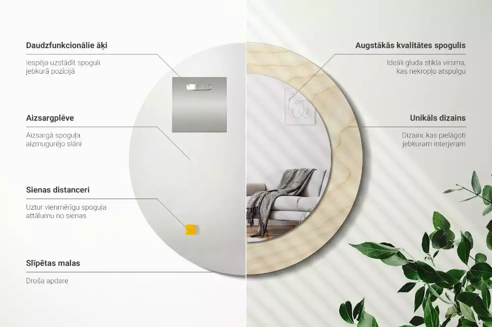 Rund spegel med tryckt ram Lätt trä