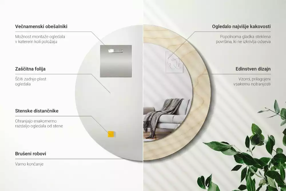 Rund spegel med tryckt ram Lätt trä