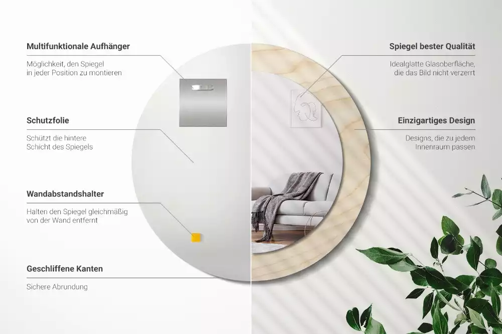 Rund spegel med tryckt ram Lätt trä