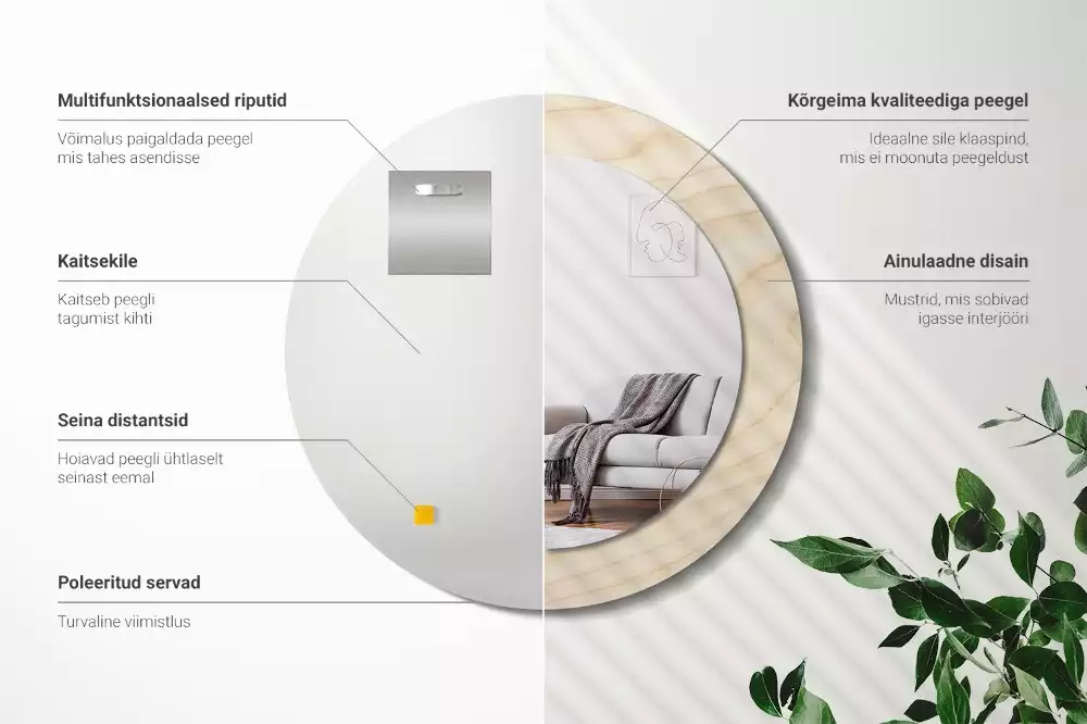 Rund spegel med tryckt ram Lätt trä