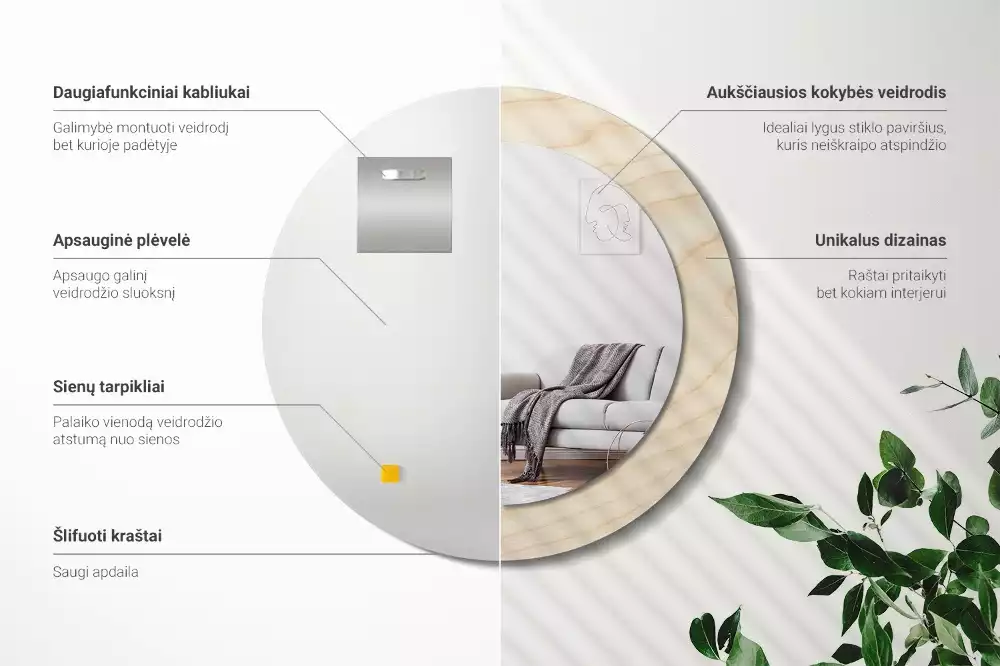 Rund spegel med tryckt ram Lätt trä