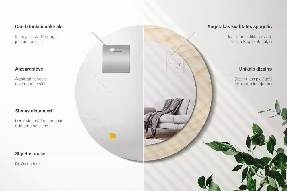 Rund spegel med tryckt ram Lätt trä