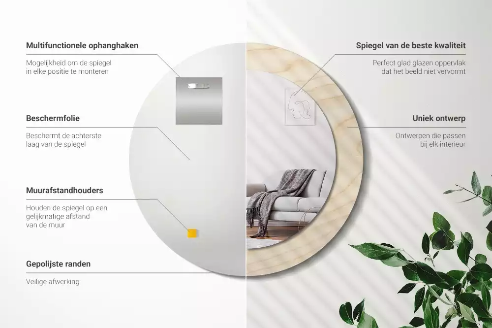 Rund spegel med tryckt ram Lätt trä