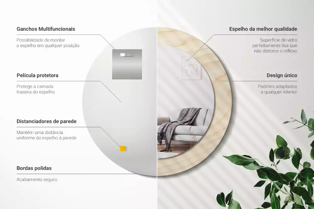 Rund spegel med tryckt ram Lätt trä