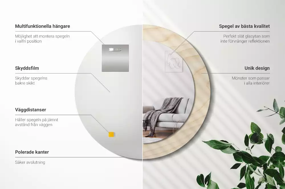 Rund spegel med tryckt ram Lätt trä