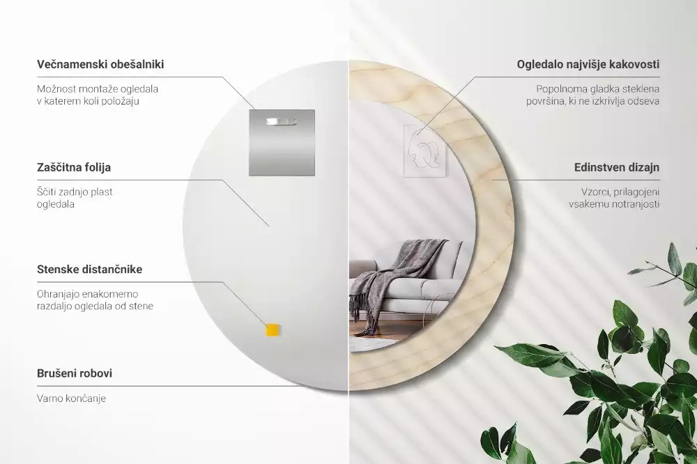 Rund spegel med tryckt ram Lätt trä