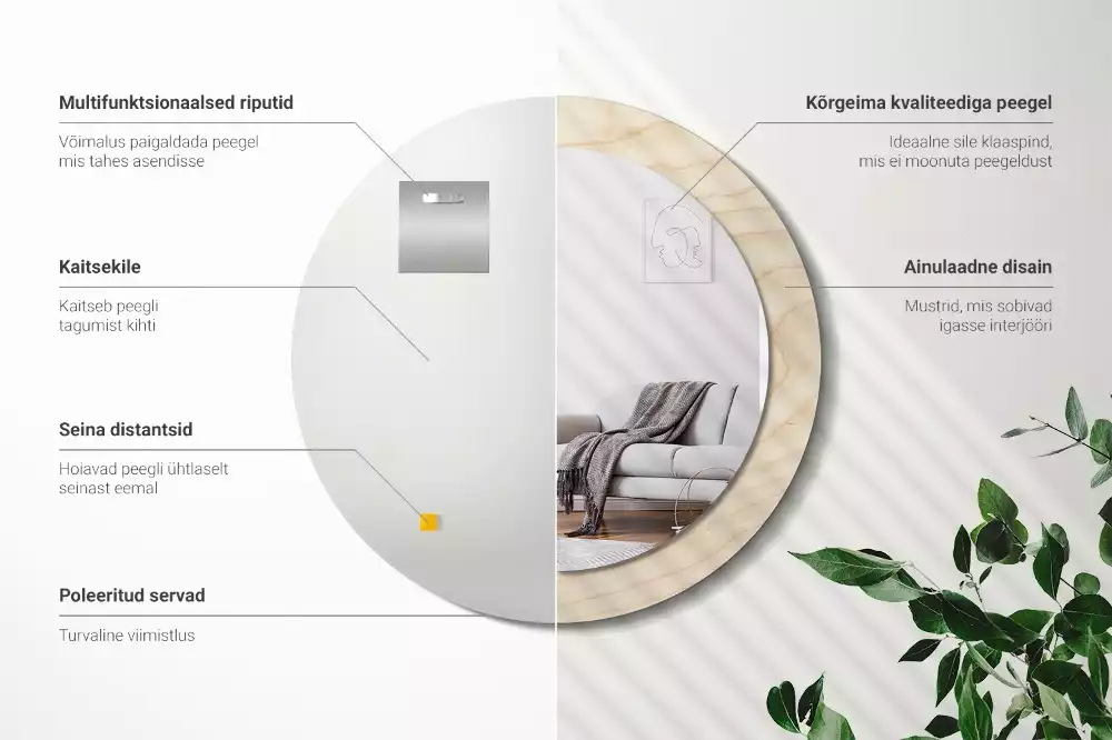 Rund spegel med tryckt ram Lätt trä