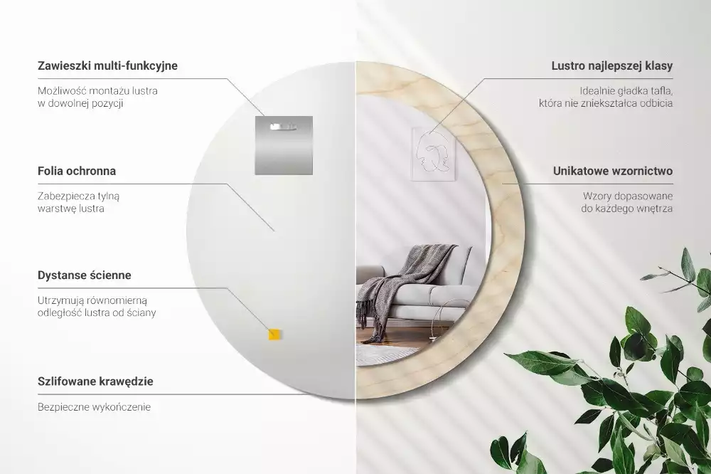 Rund spegel med tryckt ram Lätt trä