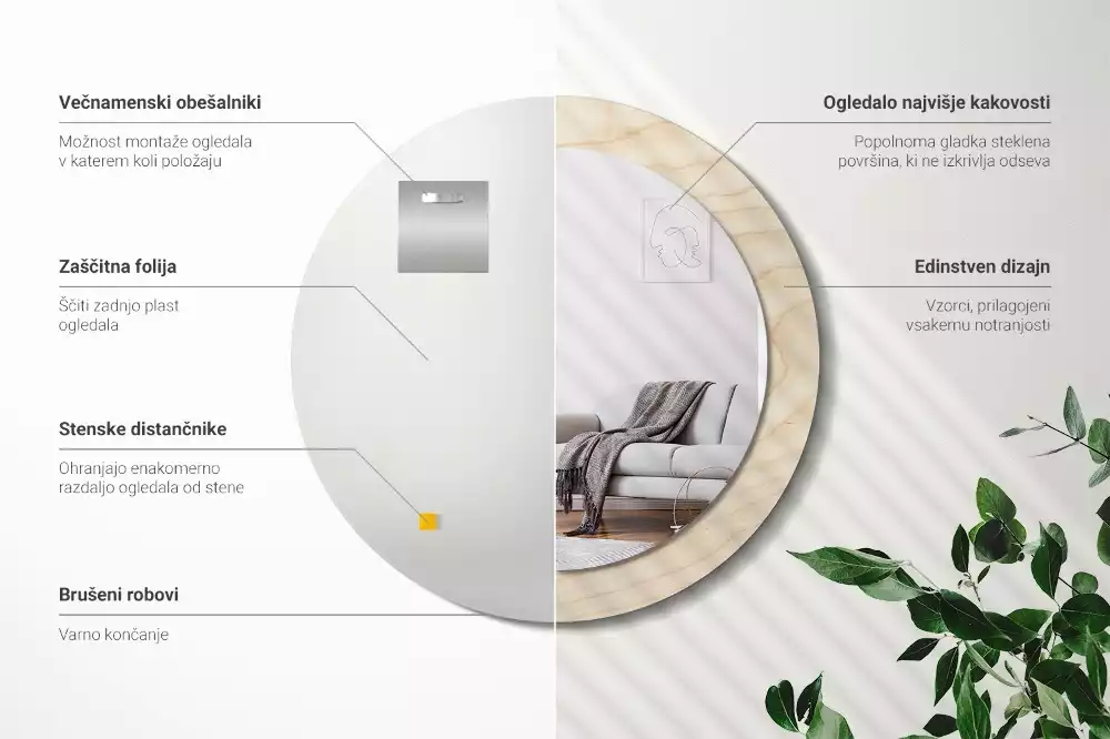 Rund spegel med tryckt ram Lätt trä