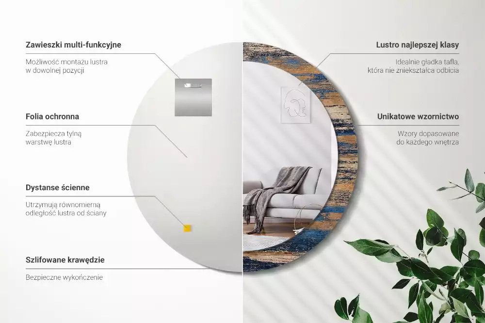 Rund spegel med tryckt ram Abstrakt trä