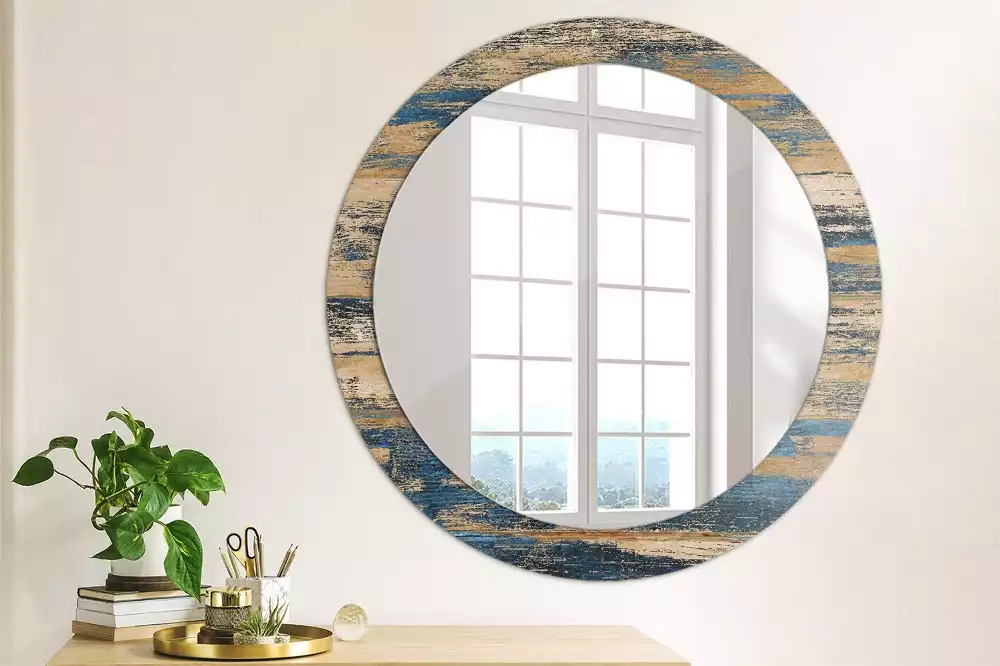 Rund spegel med tryckt ram Abstrakt trä