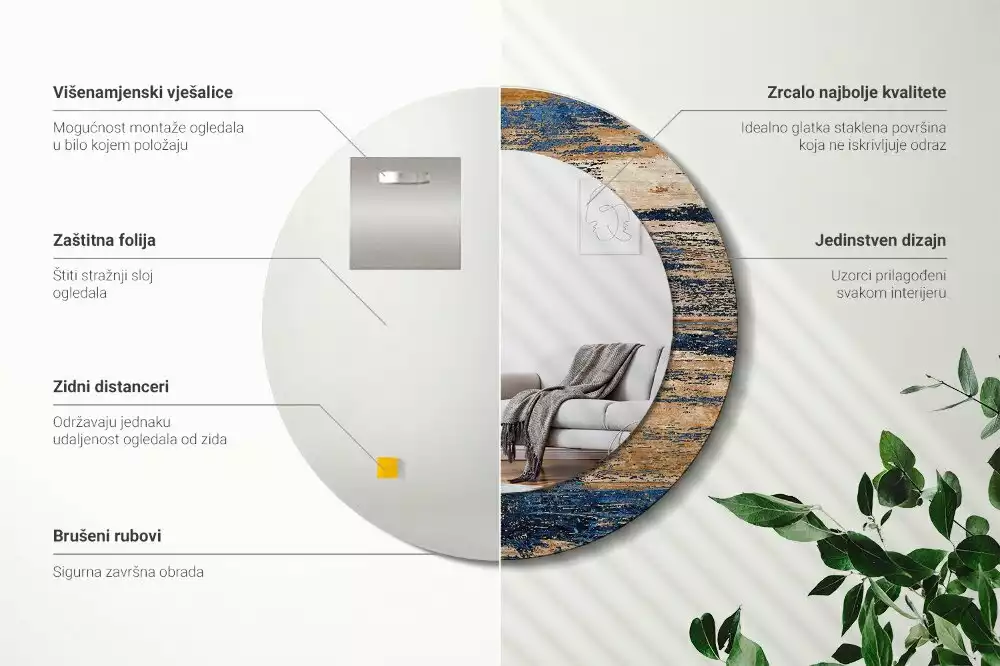 Rund spegel med tryckt ram Abstrakt trä