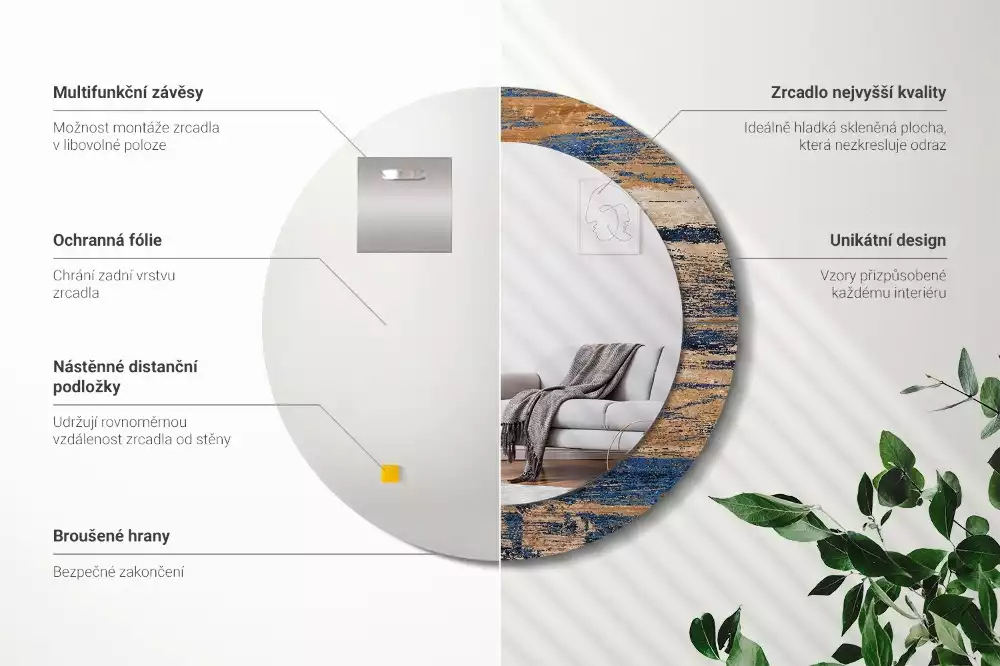 Rund spegel med tryckt ram Abstrakt trä