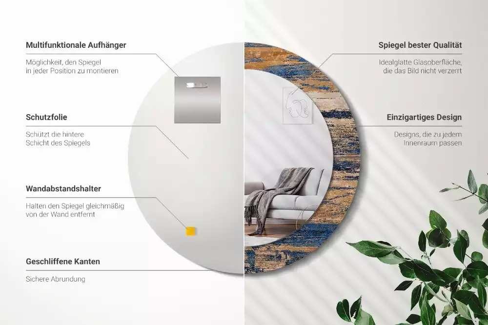 Rund spegel med tryckt ram Abstrakt trä