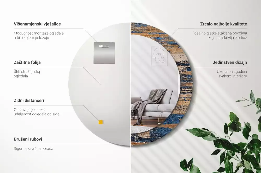 Rund spegel med tryckt ram Abstrakt trä