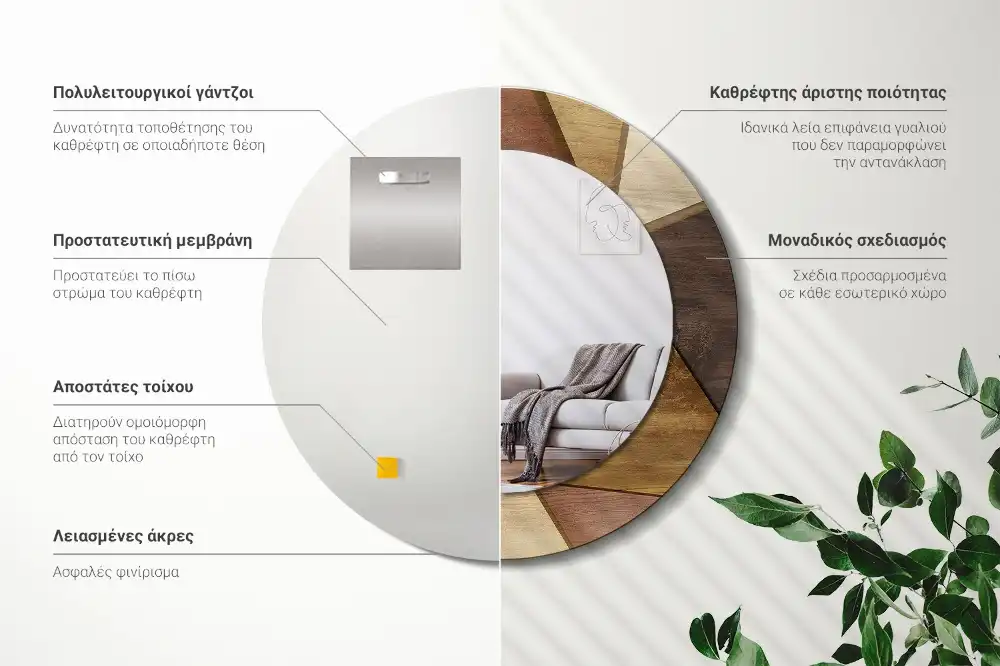 Rund spegel med tryckt Geometriskt 3D-trä