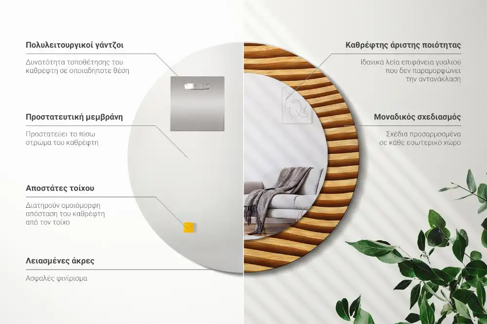 Rund spegel med tryckt Trävåg