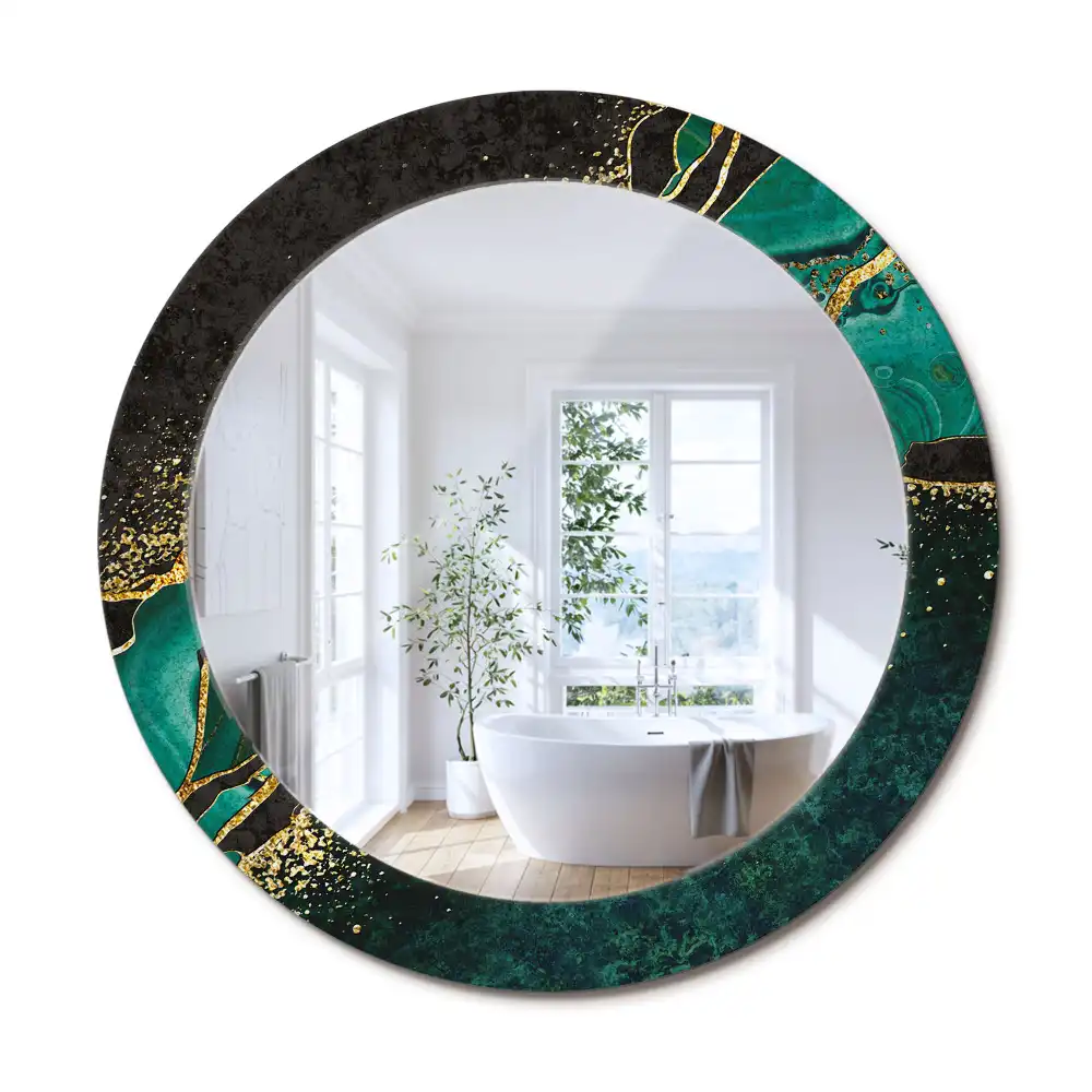 Rund spegel med tryckt ram Marmorgrön