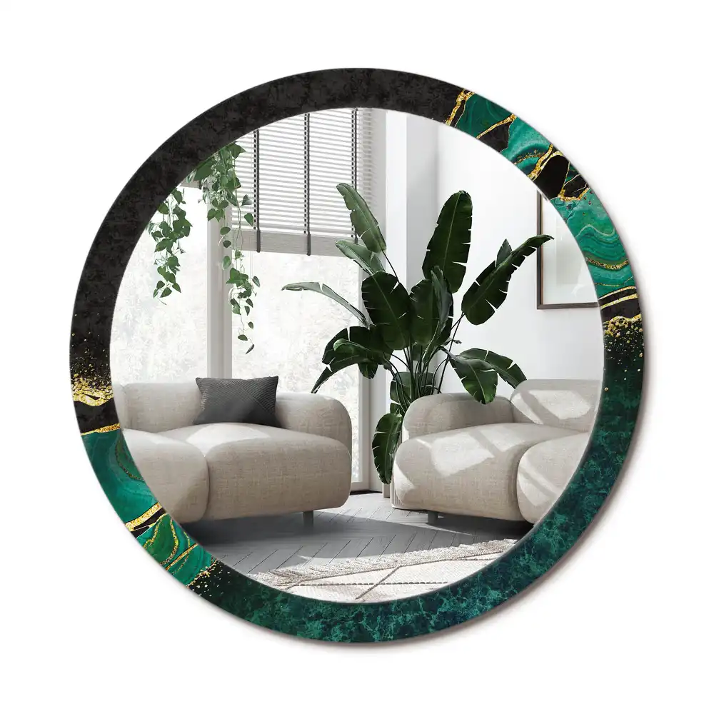 Rund spegel med tryckt ram Marmorgrön