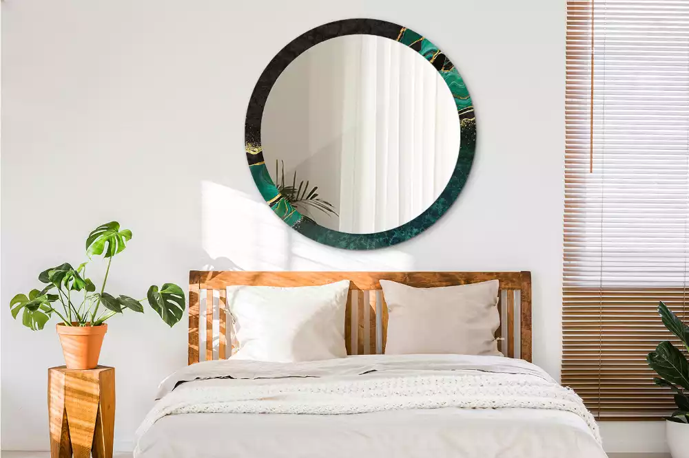 Rund spegel med tryckt ram Marmorgrön