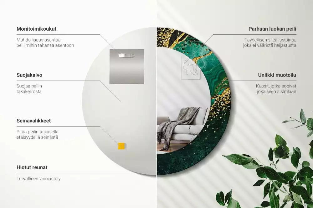 Rund spegel med tryckt ram Marmorgrön