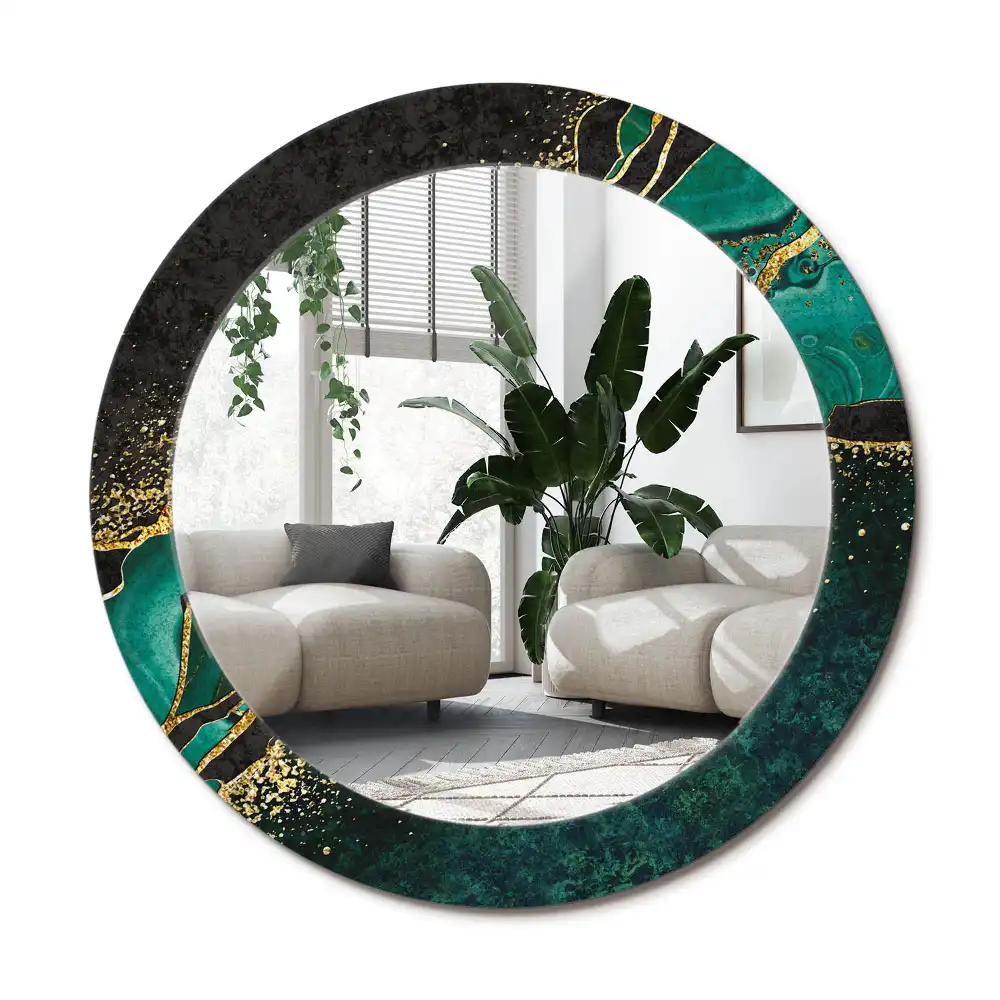 Rund spegel med tryckt ram Marmorgrön