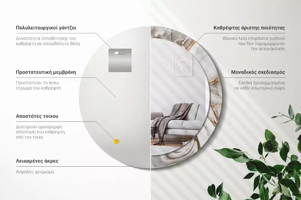 Rund spegel med tryckt ram Ljus marmor