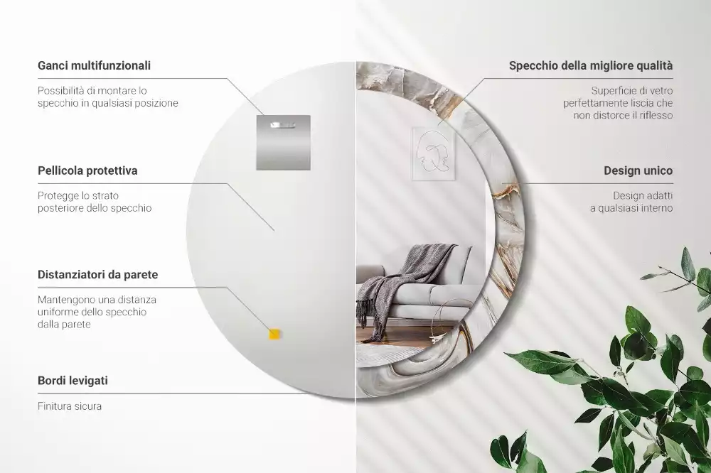 Rund spegel med tryckt ram Ljus marmor