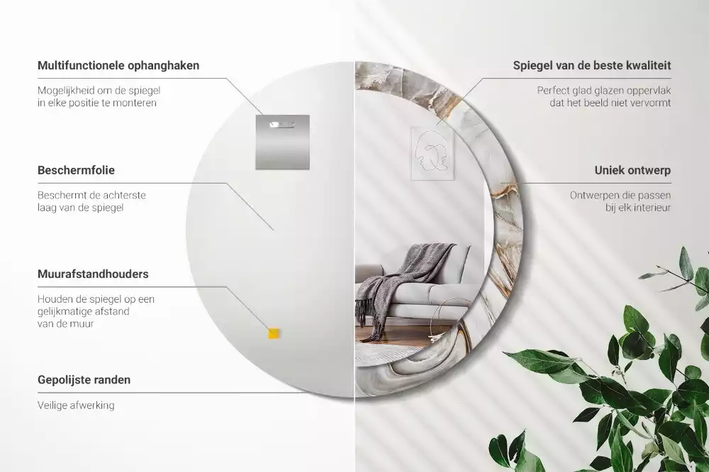 Rund spegel med tryckt ram Ljus marmor