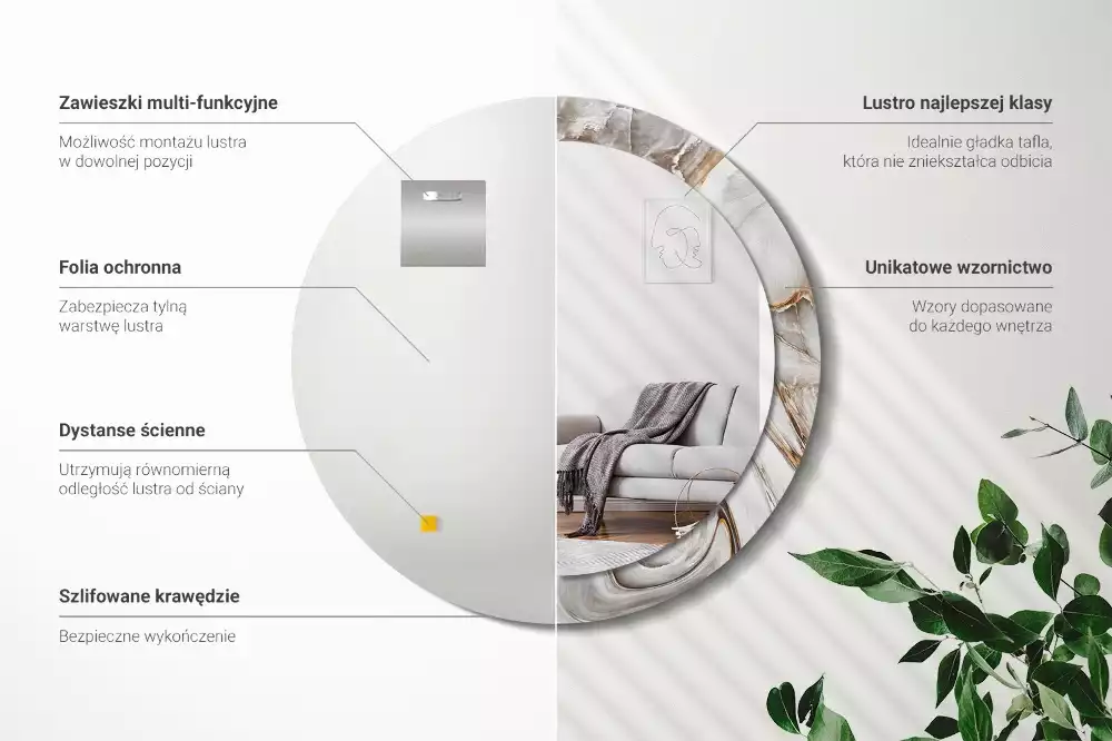 Rund spegel med tryckt ram Ljus marmor