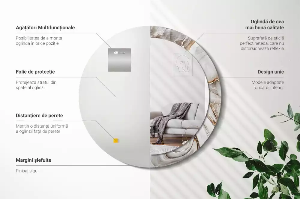 Rund spegel med tryckt ram Ljus marmor