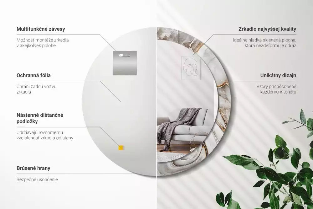 Rund spegel med tryckt ram Ljus marmor