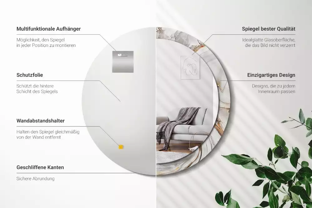 Rund spegel med tryckt ram Ljus marmor