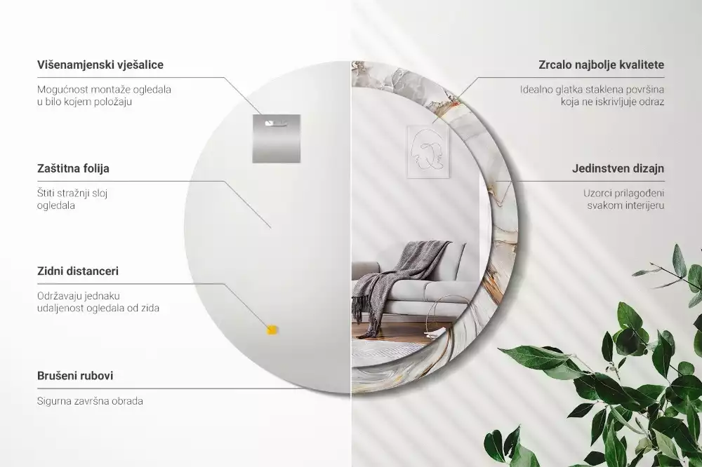 Rund spegel med tryckt ram Ljus marmor