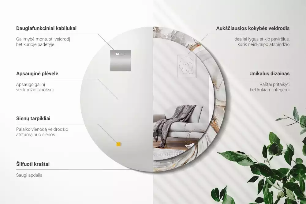 Rund spegel med tryckt ram Ljus marmor