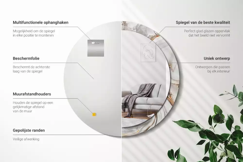 Rund spegel med tryckt ram Ljus marmor