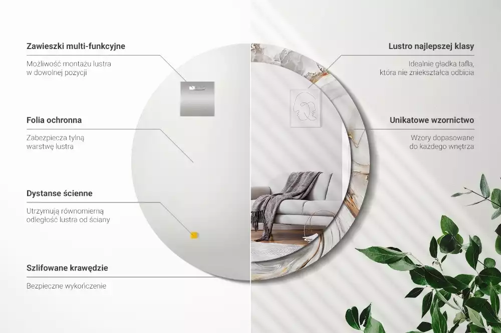 Rund spegel med tryckt ram Ljus marmor