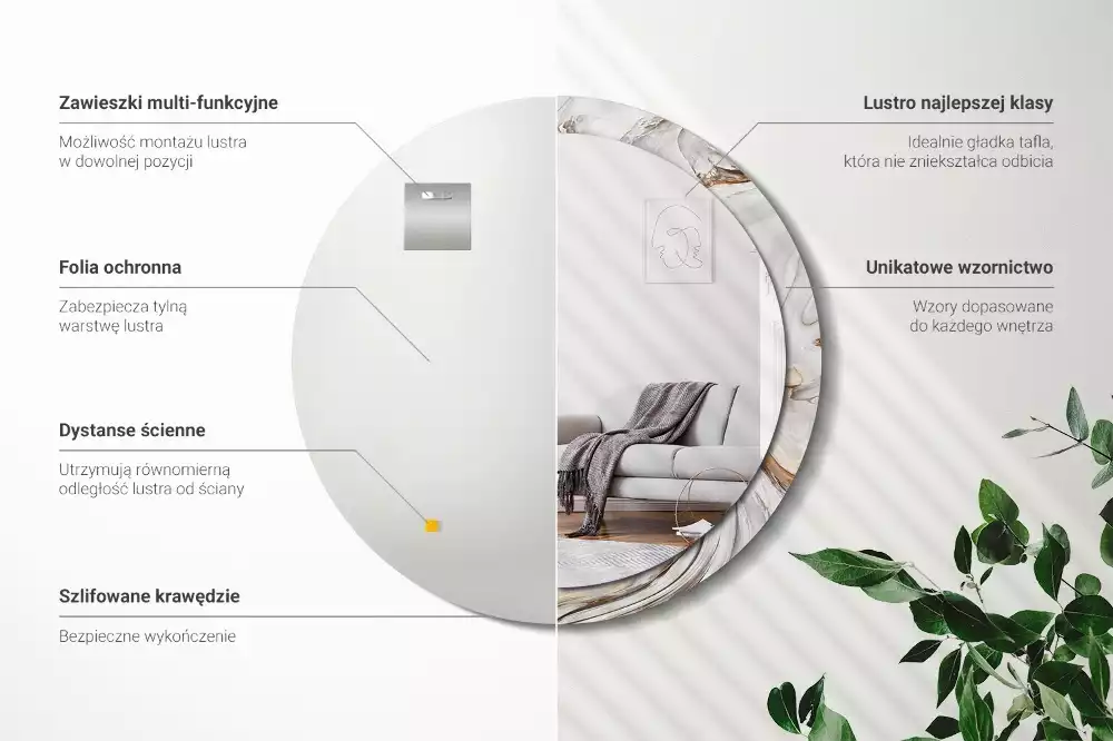 Rund spegel med tryckt ram Ljus marmor