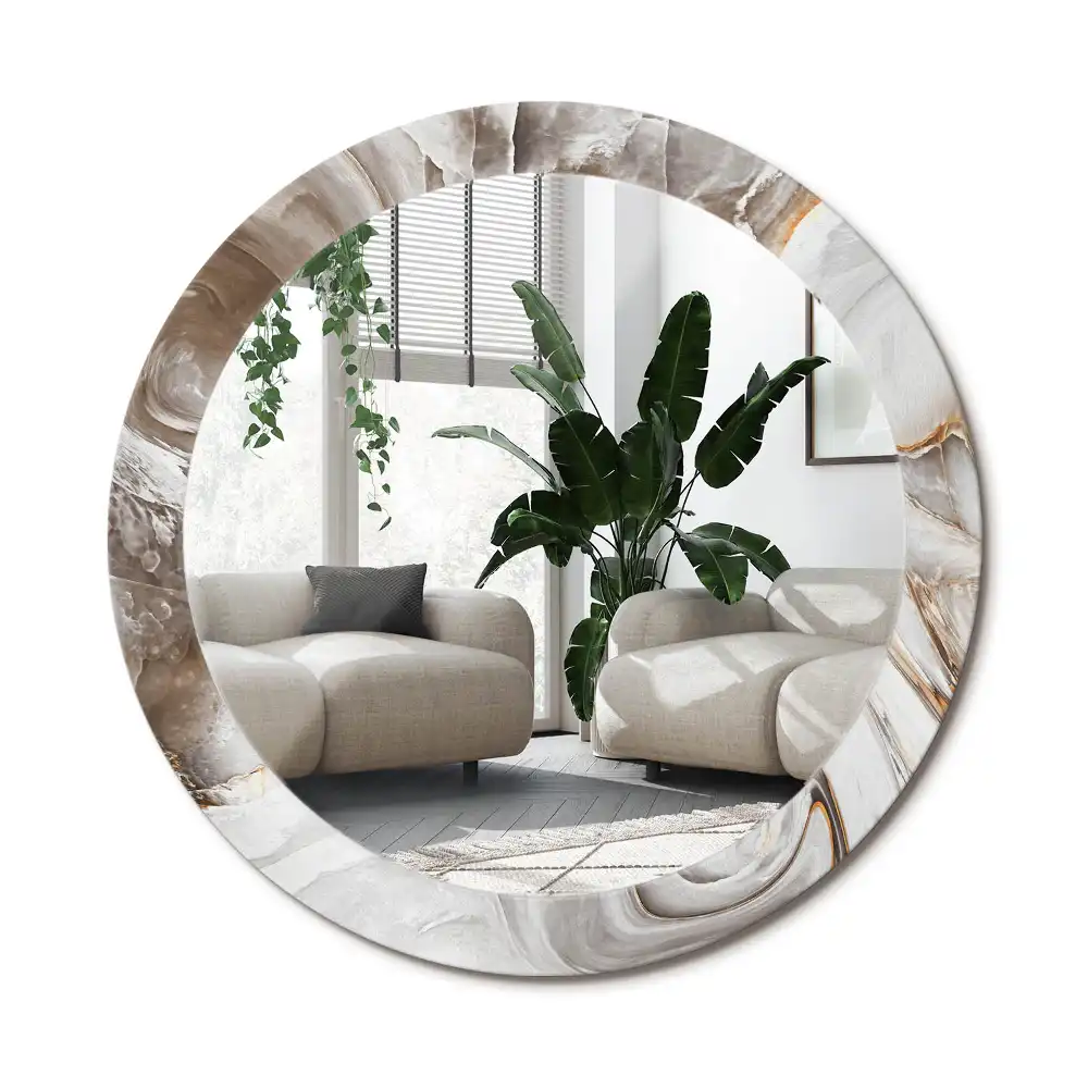 Rund spegel med tryckt ram Ljus marmor