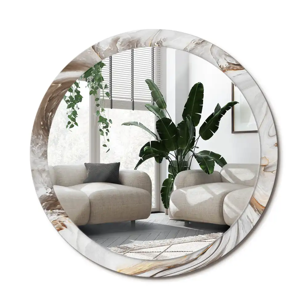 Rund spegel med tryckt ram Ljus marmor