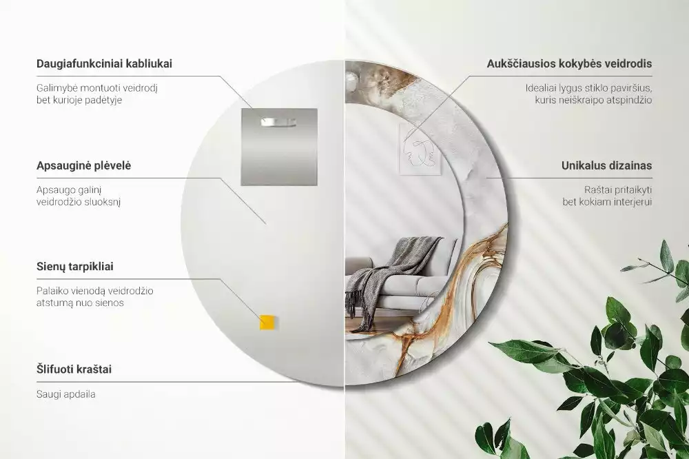 Rund spegel med tryckt ram Ljus marmor